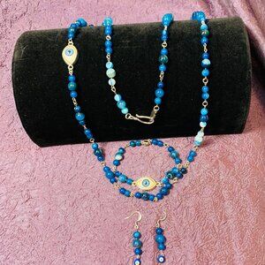 Evil Eye Charm One-Of-A-Kind Striped Agate Chain Necklace/Bracelet/Earring Set